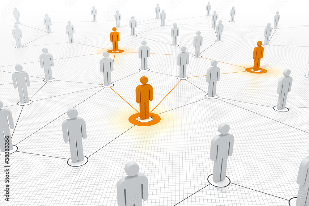 verbundene Schlüsselfiguren in einem Netzwerk orange