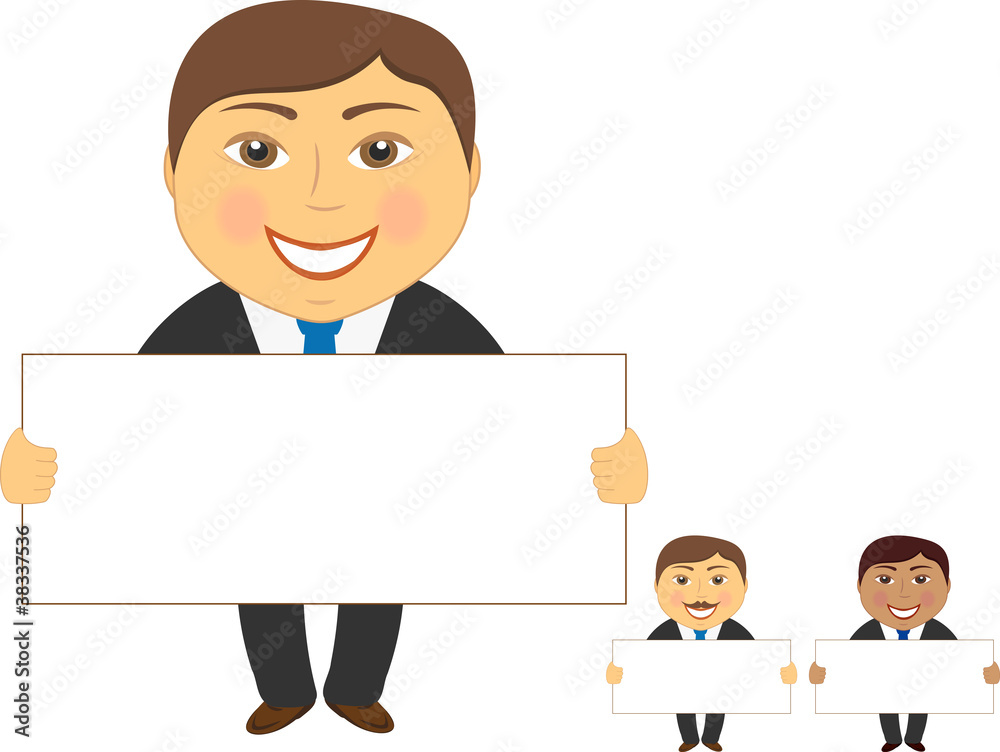 three isolated cartoon businessman with poster in hand three isolated cartoon businessman with poster in hand