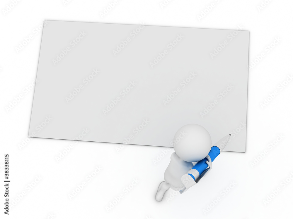 little 3d character write a card with big pen isolated on white little 3d character write a card with big pen isolated on white