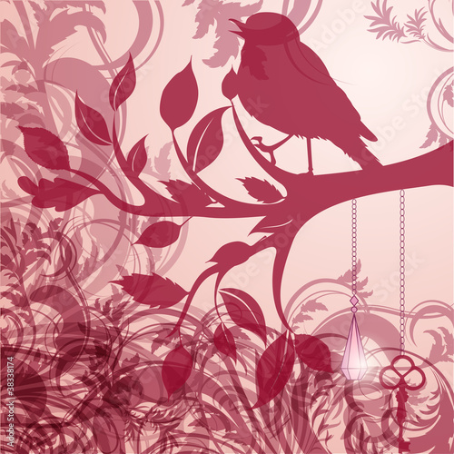 Retro background of tree branch with leaves and bird
