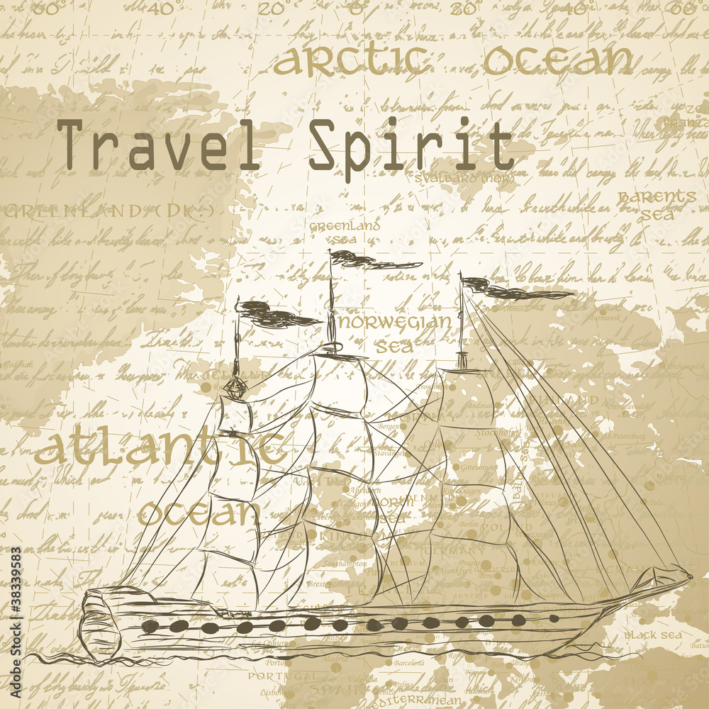 Travel background with vintage map and handwritten ship ship