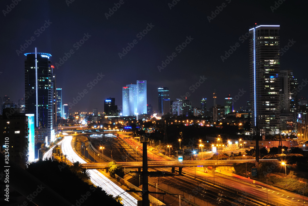 Tel Aviv cityscape by night. Long shutter speed shot.