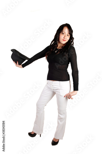 Woman in white pants and had.