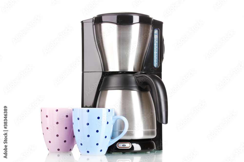 coffee machine and bright cups isolated on white
