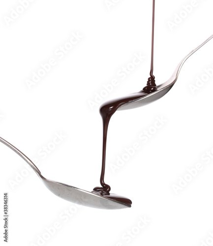Chocolate poured into a spoon and from it to another spoon