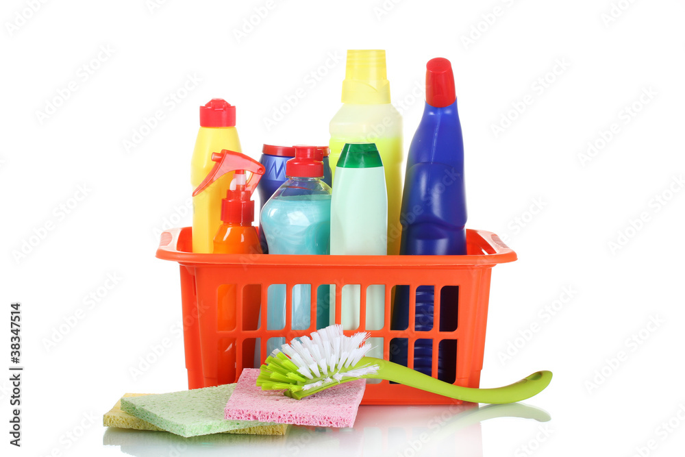 full box of cleaning supplies and sponges isolated on white full box of cleaning supplies and sponges isolated on white