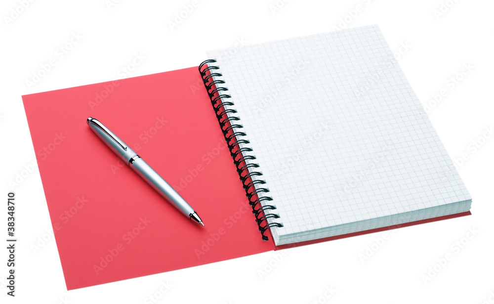 Silver pen and notebook with red cover isolated on white Silver pen and notebook with red cover isolated on white