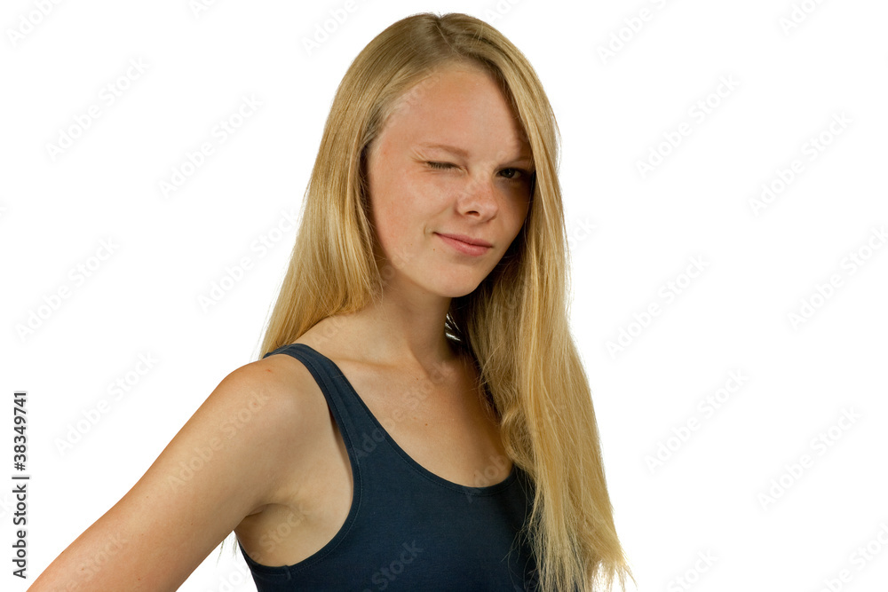 Young woman giving a wink on white background Young woman giving a wink on white background