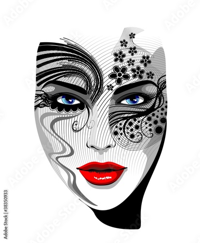 Viso Ragazza Maschera Tatuaggio-Tattoo Girl's Portrait-Vector