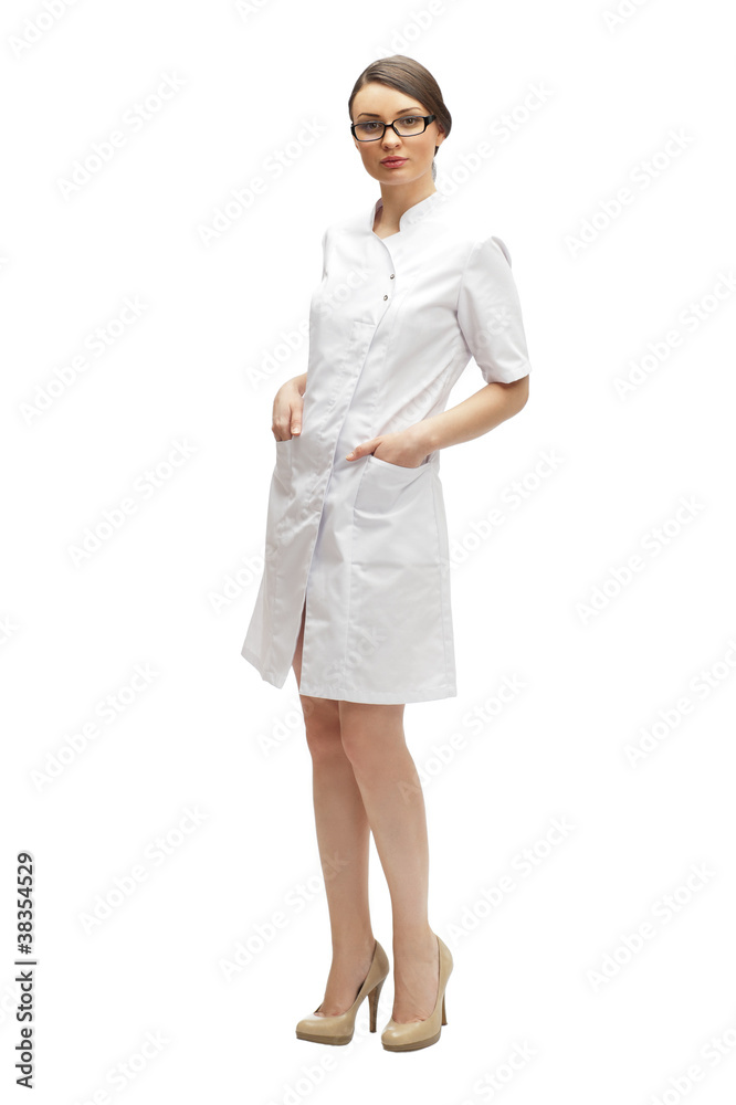 Young medical doctor woman presenting and showing copy space for Young medical doctor woman presenting and showing copy space for