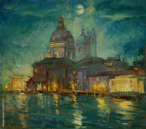 night venice, painting by an oil paint on a cardboard,  illustra