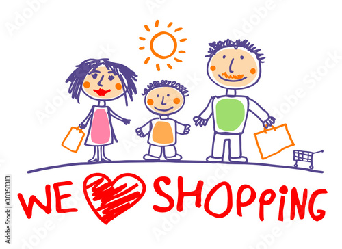 We love shopping hand drawn illustration with happy family