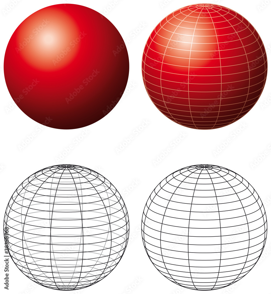 Red spheres with meridians. Threedimensional red spheres with grid