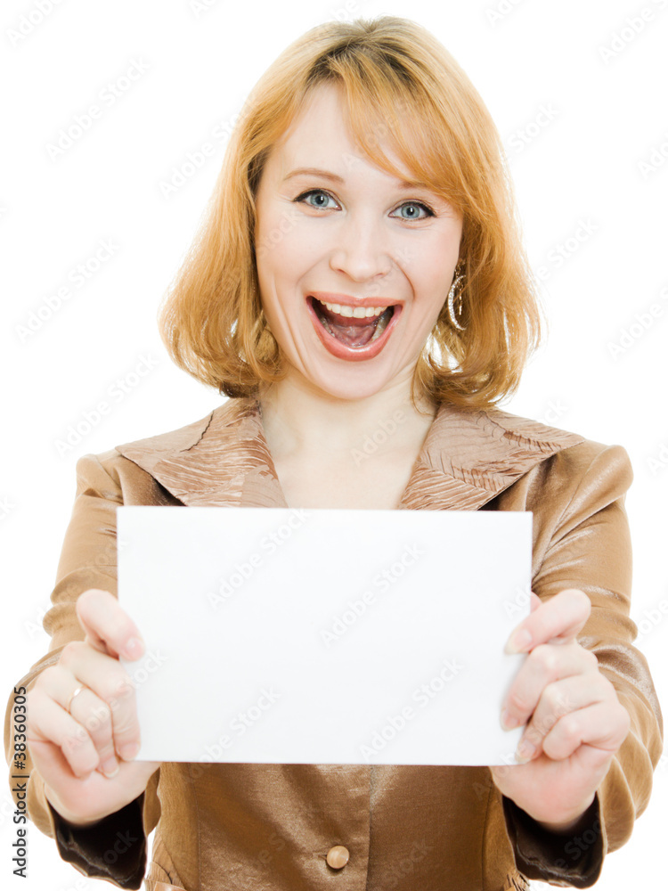 Happy woman showing blank signboard Happy woman showing blank signboard