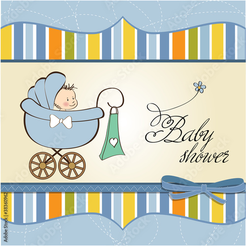 baby boy announcement card with baby and pram