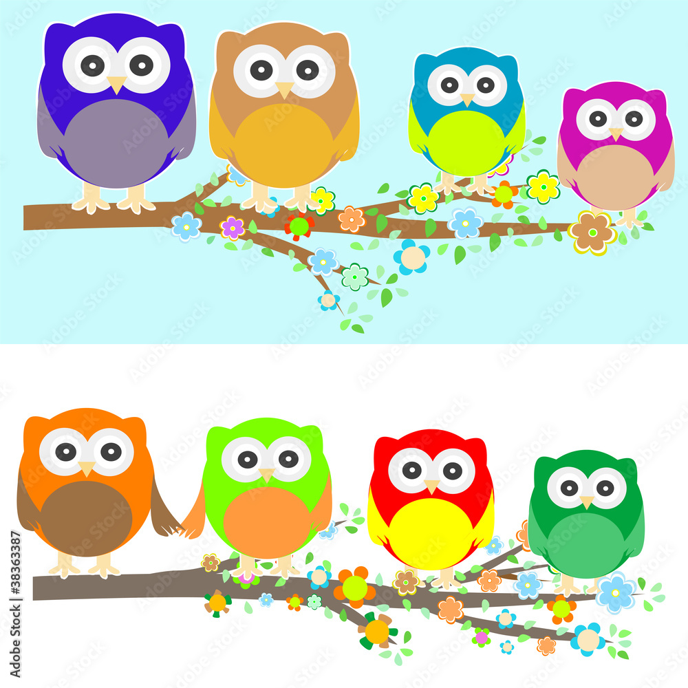 Fototapeta premium Family of owls sat on a tree branch at night and day