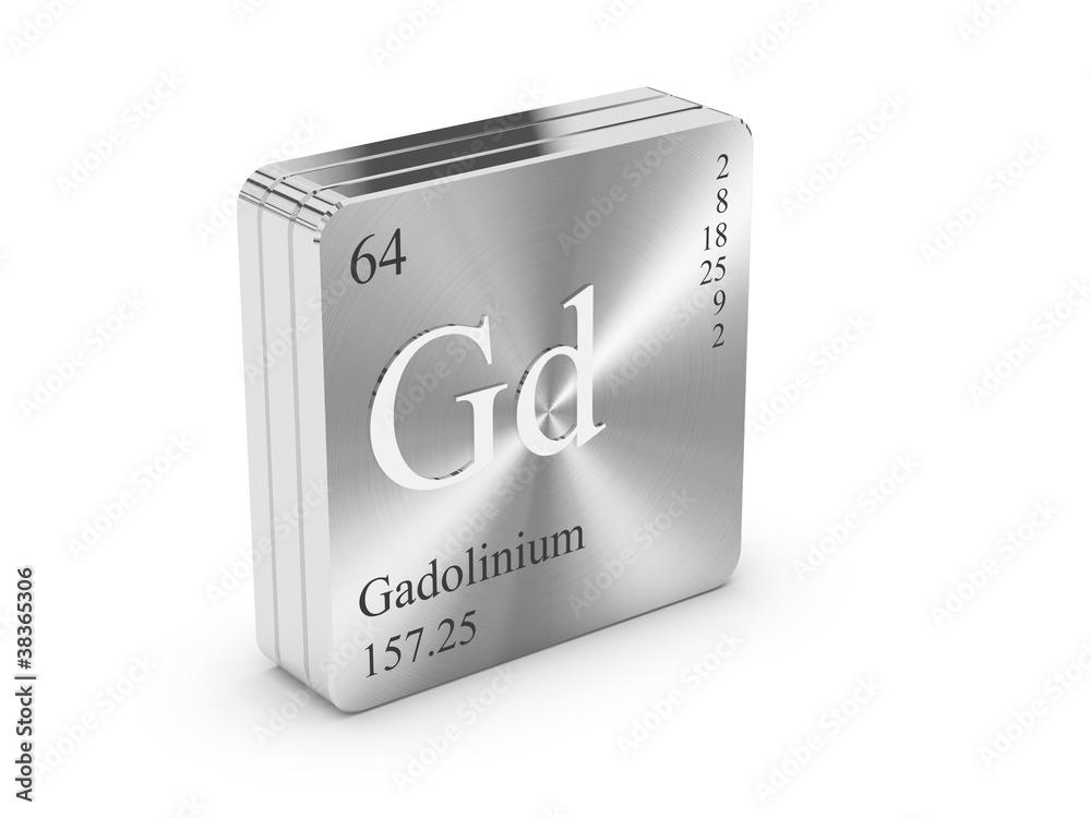 Gadolinium - element of the periodic table on metal steel block