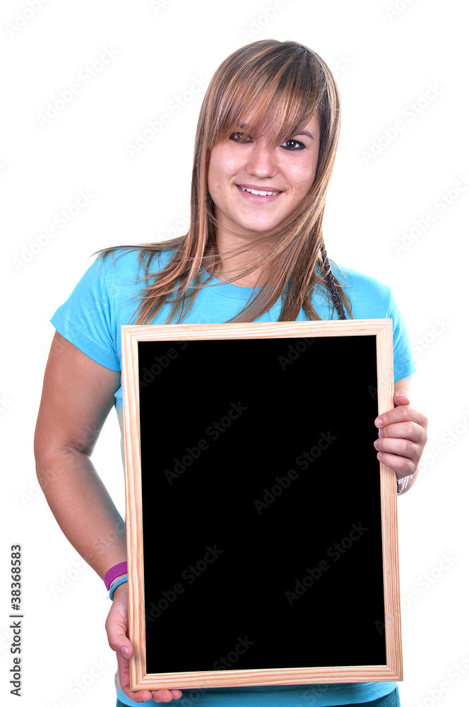 girl holding a blackboard