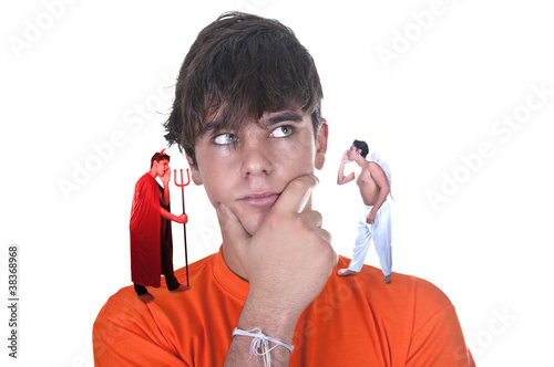 young man with a devil and his angel talking to him