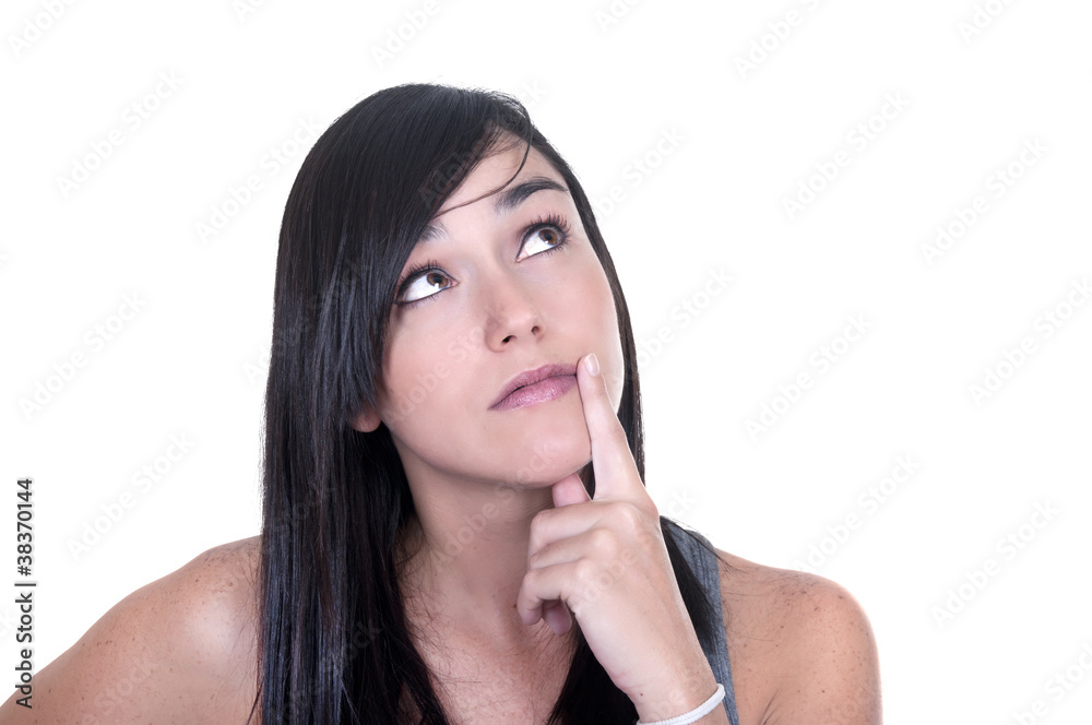 Beautiful thoughtful woman looking up