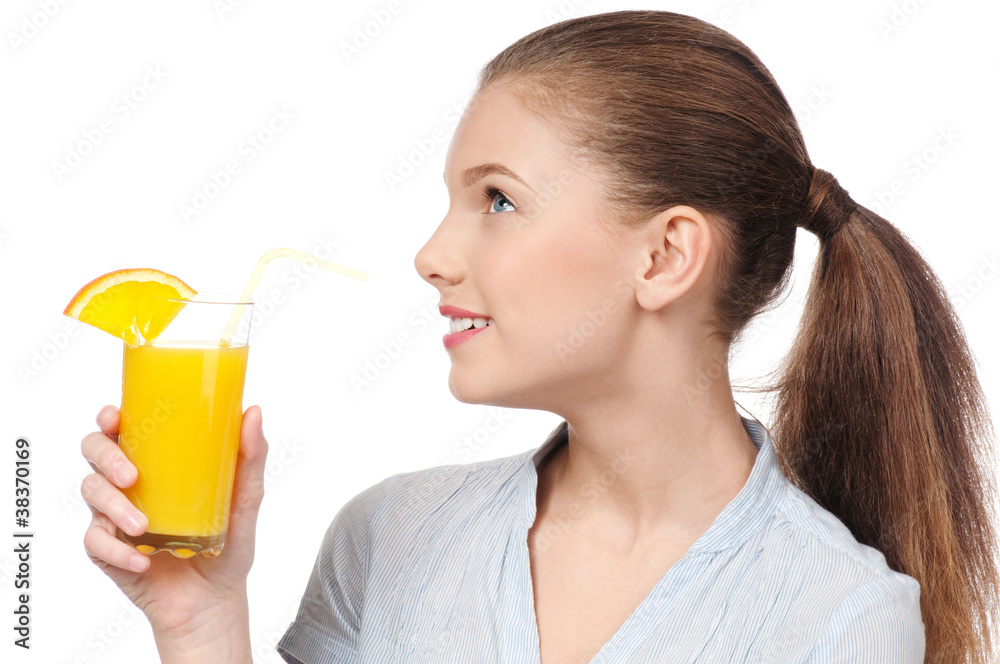 Young woman with glass of orange juice isolated Young woman with glass of orange juice isolated