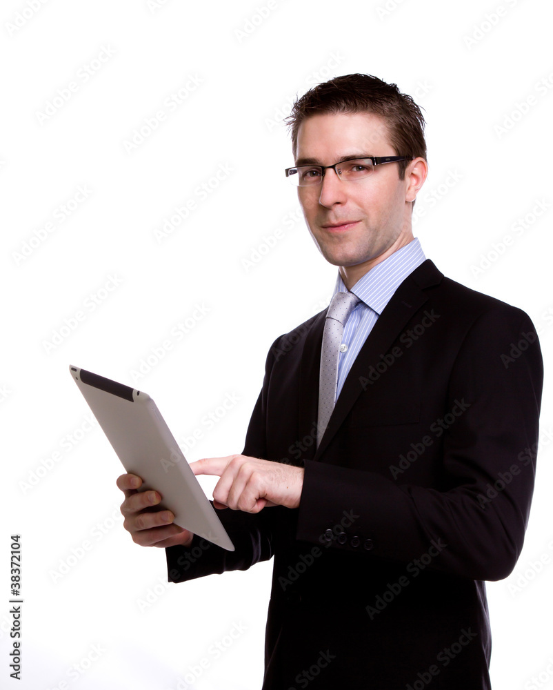 Young business man using a touch screen
