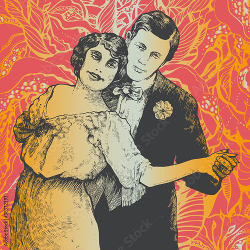 Man and woman dance a tango on abstract floral background