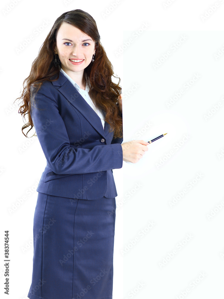 Happy smiling young business woman showing Happy smiling young business woman showing