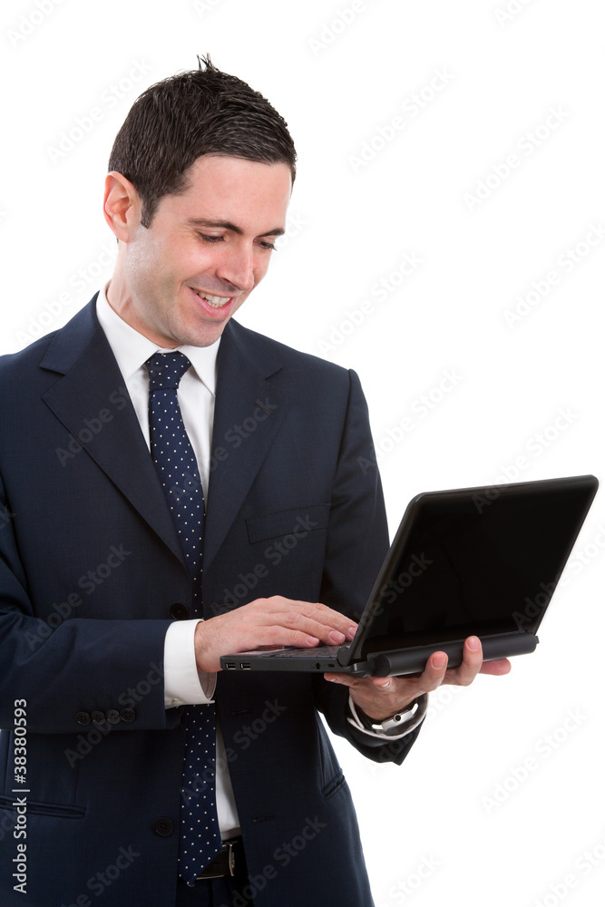 Business man working on laptop isolated on white Business man working on laptop isolated on white