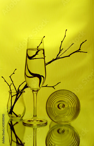 A wineglass, two glass vases and some twigs