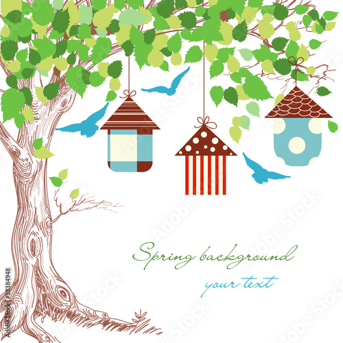Spring tree, birdcages and blue birds background