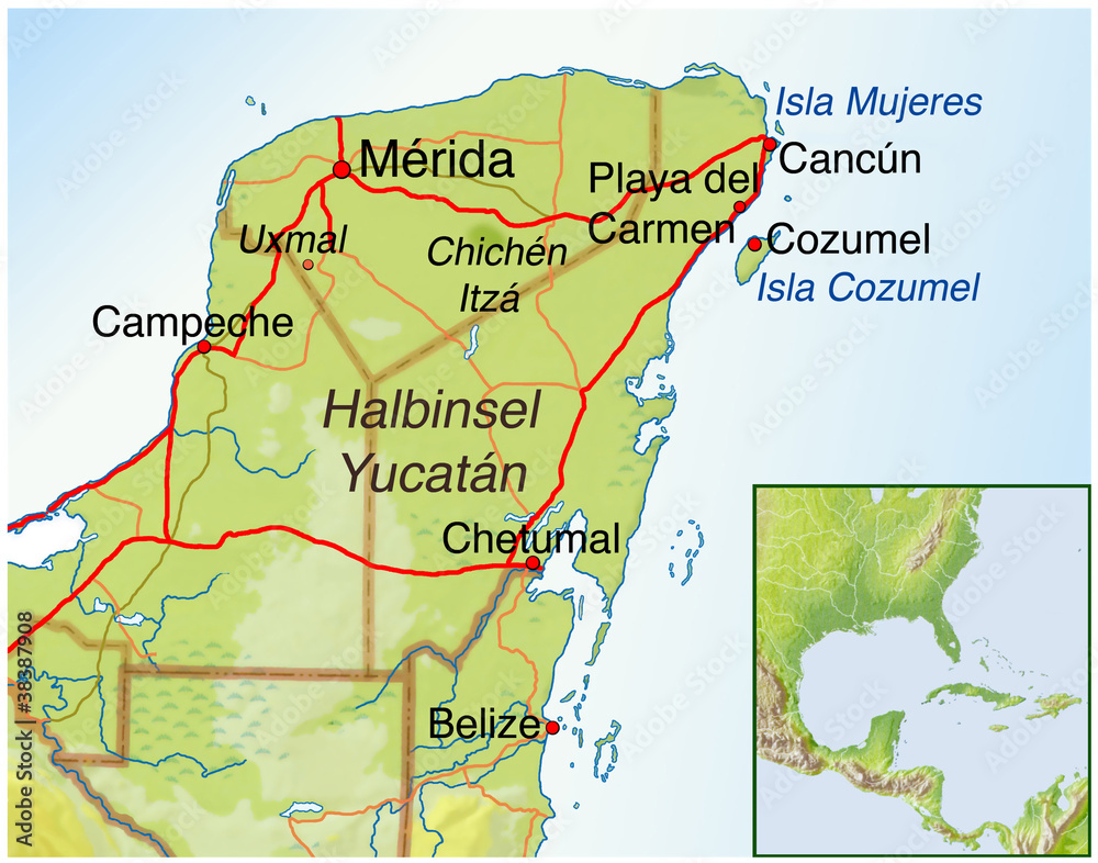 Landkarte von Mexiko.Halbinsel-Yucatan Stock Illustration | Adobe Stock