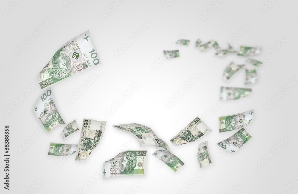 Flying moneys 100 PLN bills. Money falling in the white Flying moneys 100 PLN bills. Money falling in the white