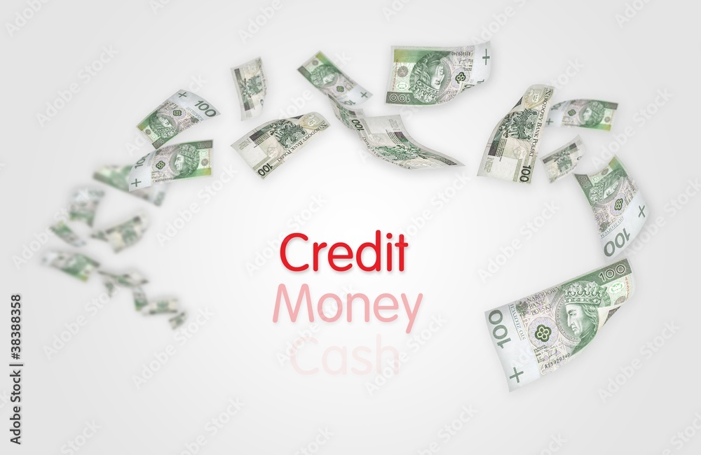 Flying moneys 100 PLN bills. Credit, money, cash texts in center Flying moneys 100 PLN bills. Credit, money, cash texts in center