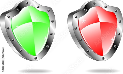 Glossy shield emblem icons in red and green colors