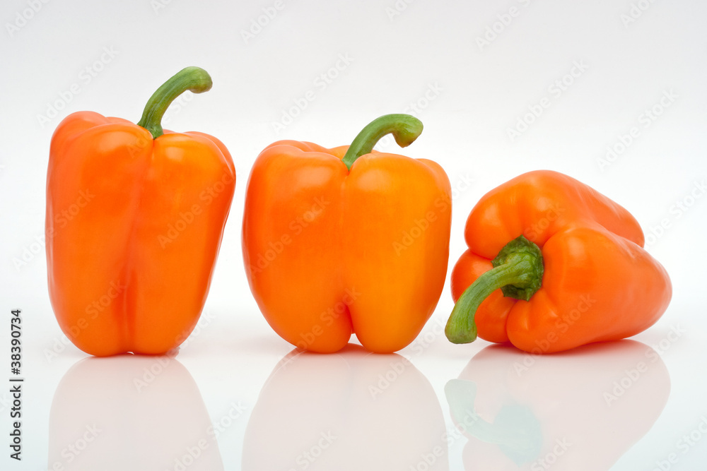 Reihe orange Paprika freigestellt vor weissem Hintergrund Reihe orange Paprika freigestellt vor weissem Hintergrund