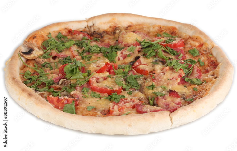 delicious pizza with sausage and vegetables isolated on white delicious pizza with sausage and vegetables isolated on white