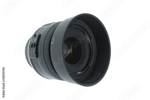 A 35mm camera lens with hood isolated on a white background
