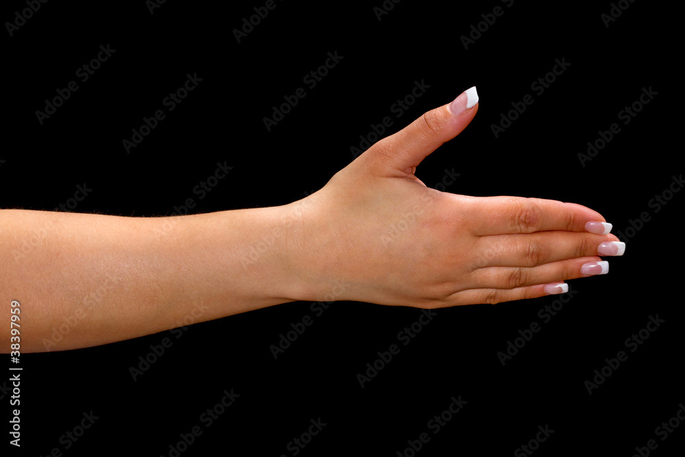 Female hand to shake over black background