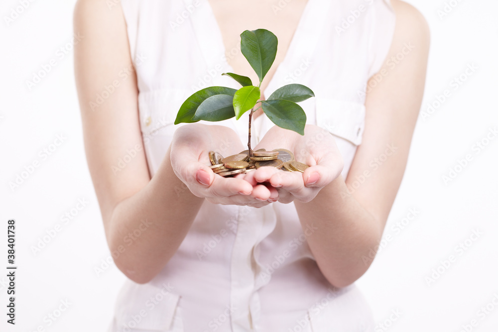 woman's hands holding plant sprouting from a handful of coins woman's hands holding plant sprouting from a handful of coins