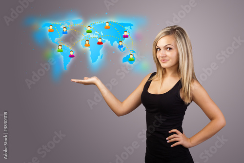 Young woman holding virtual map