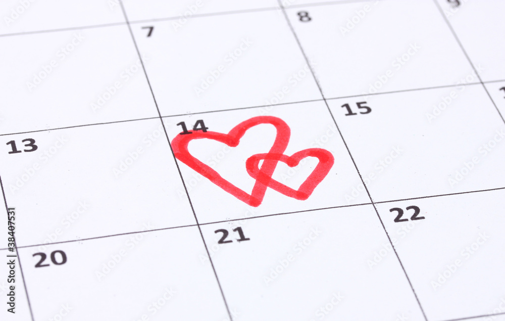 Calendar page with hearts on St.Valentines Day