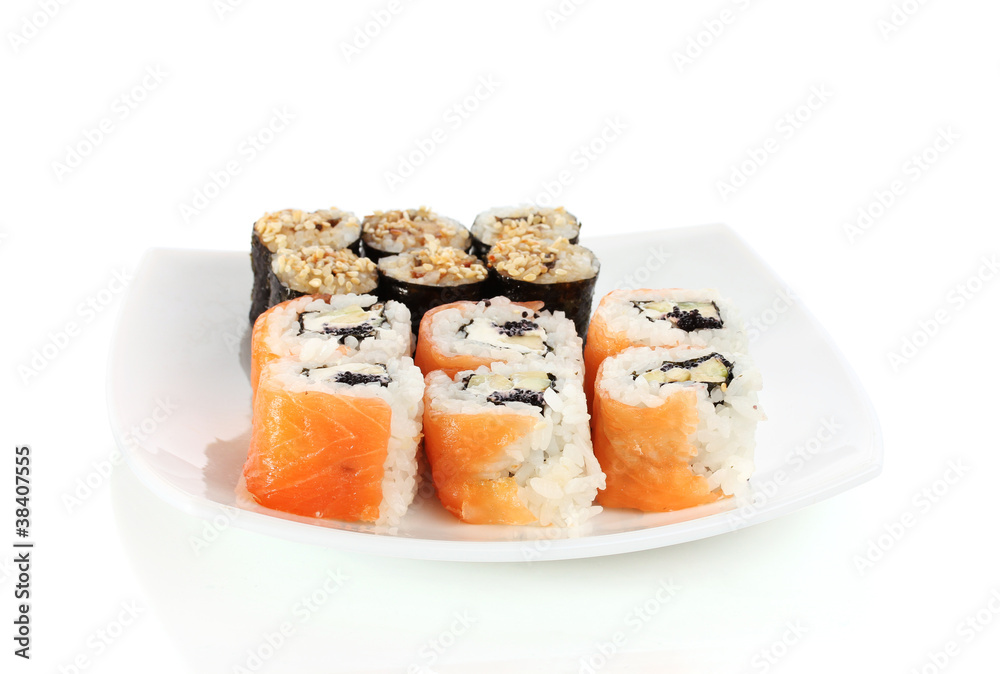 Tasty rolls served on white plate isolated on white Tasty rolls served on white plate isolated on white