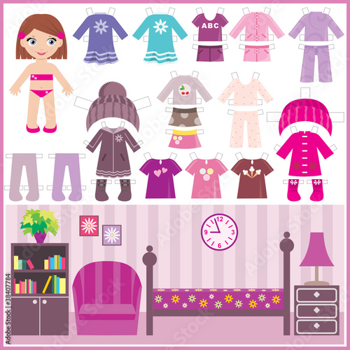 Paper doll with a set of clothes and a room. vector