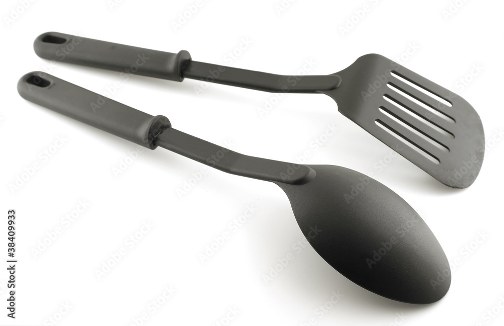 Black plastic kitchenware over white