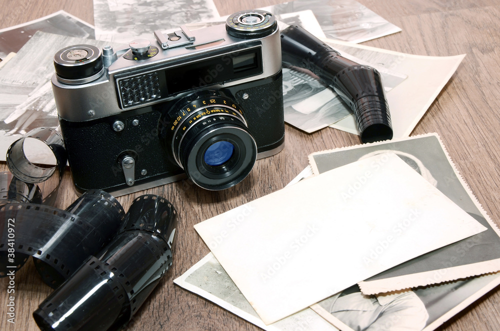 old retro photo camera and film