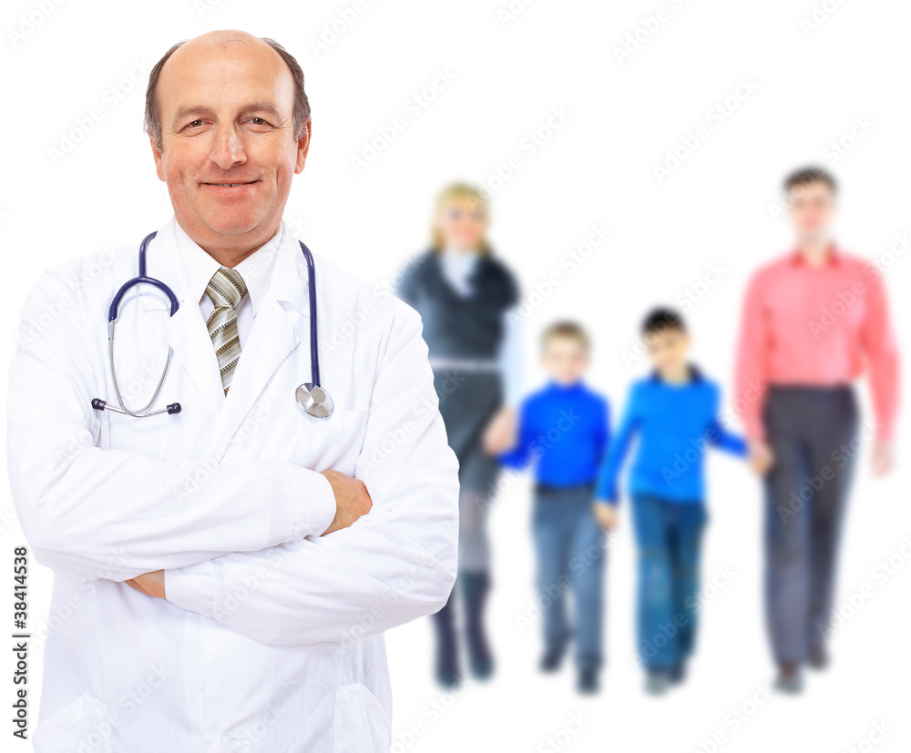 Portrait of Doctor in the background of healthy happy family Portrait of Doctor in the background of healthy happy family