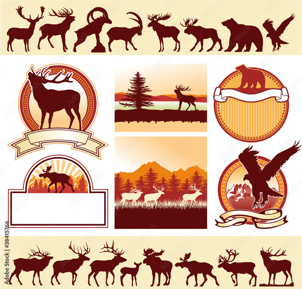 Fototapeta premium Mountains wildlife vector labels and silhouettes