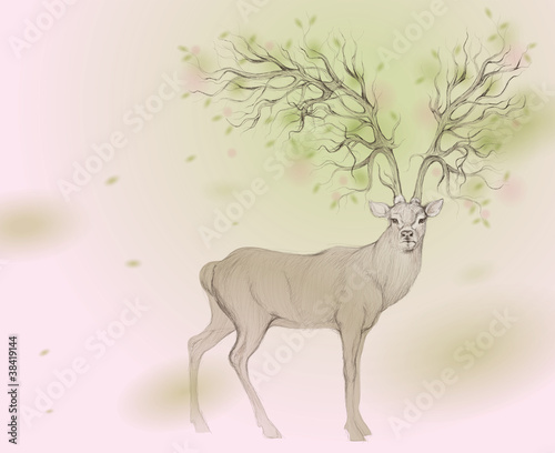 DEER with Antler like TREE in BLOOM / Spring background