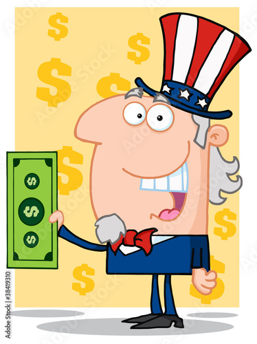 Happy Uncle Sam With Holding A Dollar Bill